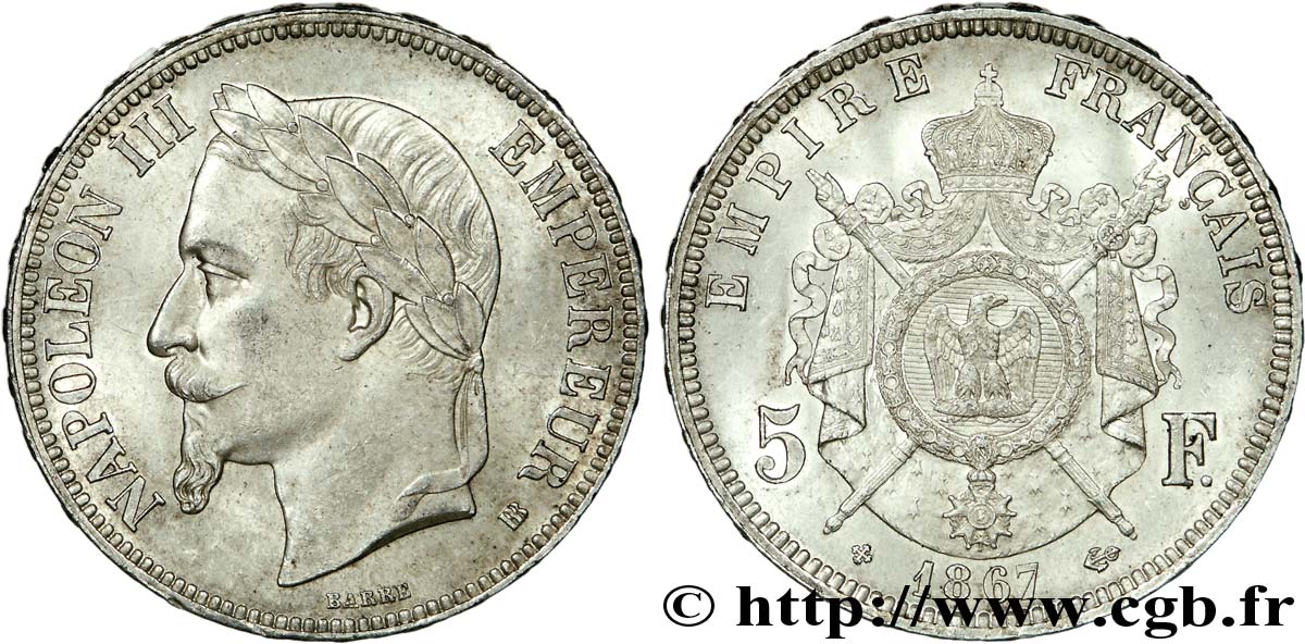 5 francs Napoléon III tête laurée 1867 Strasbourg F.331/11 SUP 