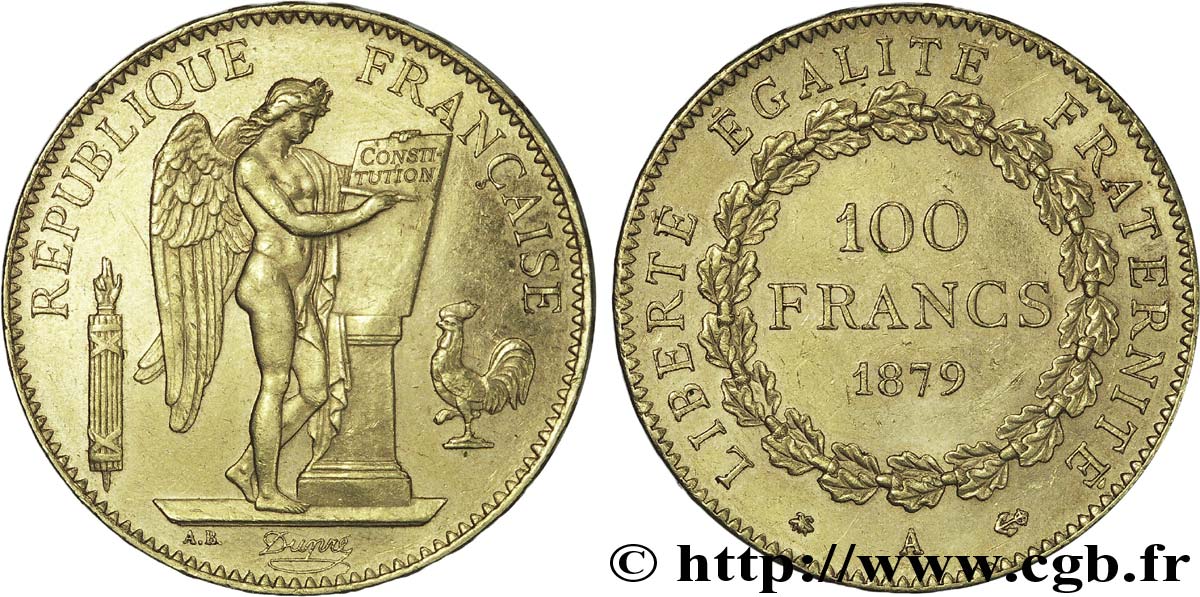 100 francs génie, tranche inscrite en relief Dieu protège la France 1879 Paris F.552/3 XF 