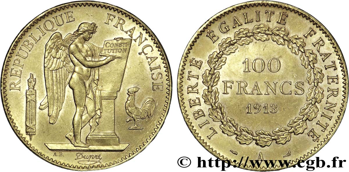 100 francs génie, tranche inscrite en relief Liberté Égalité Fraternité 1913 Paris F.553/7 SPL 