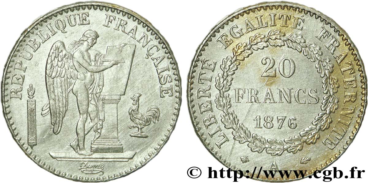 Faux en platine de 20 francs Génie 1876 Paris F.533/4 AU 