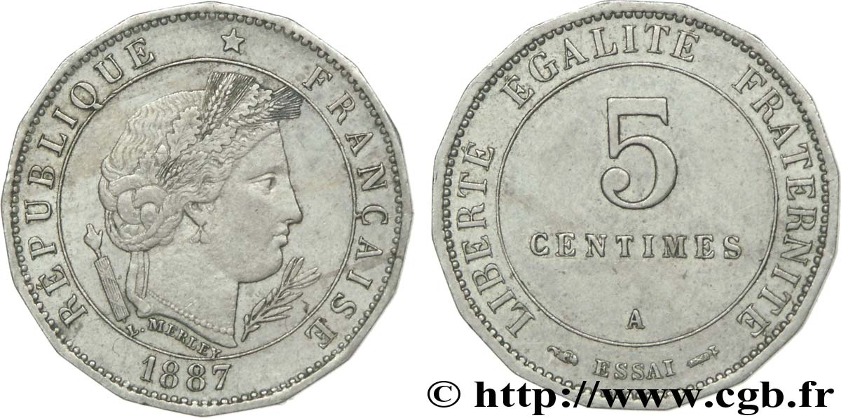 Essai de 5 centimes Merley, 16 pans 1887 Paris VG.4057  VZ 