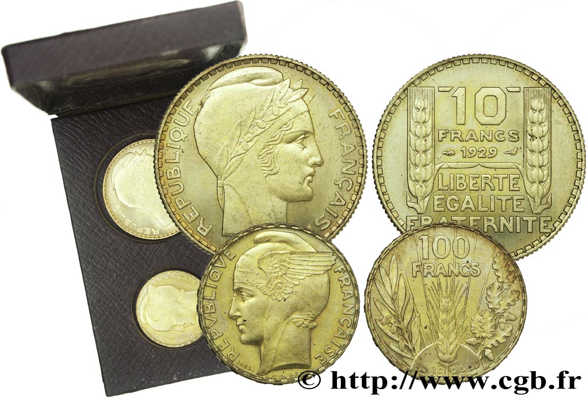 Boîte de 2 essais, Concours monétaire de 1929, 100 francs Bazor et 10 francs Turin en bronze-aluminium 1929 Paris F.360/1 MS 