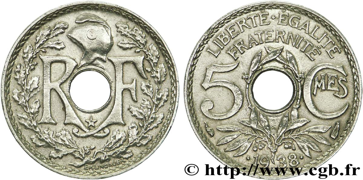 5 centimes Lindauer, Maillechort, avec étoile 1938 Paris F.123/1 fVZ 