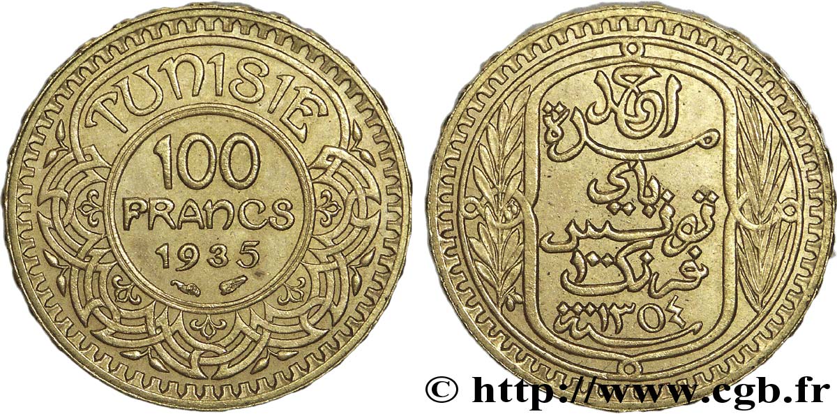 TUNISIE - PROTECTORAT FRANÇAIS - AHMED BEY 100 francs or 1935 Paris TTB 
