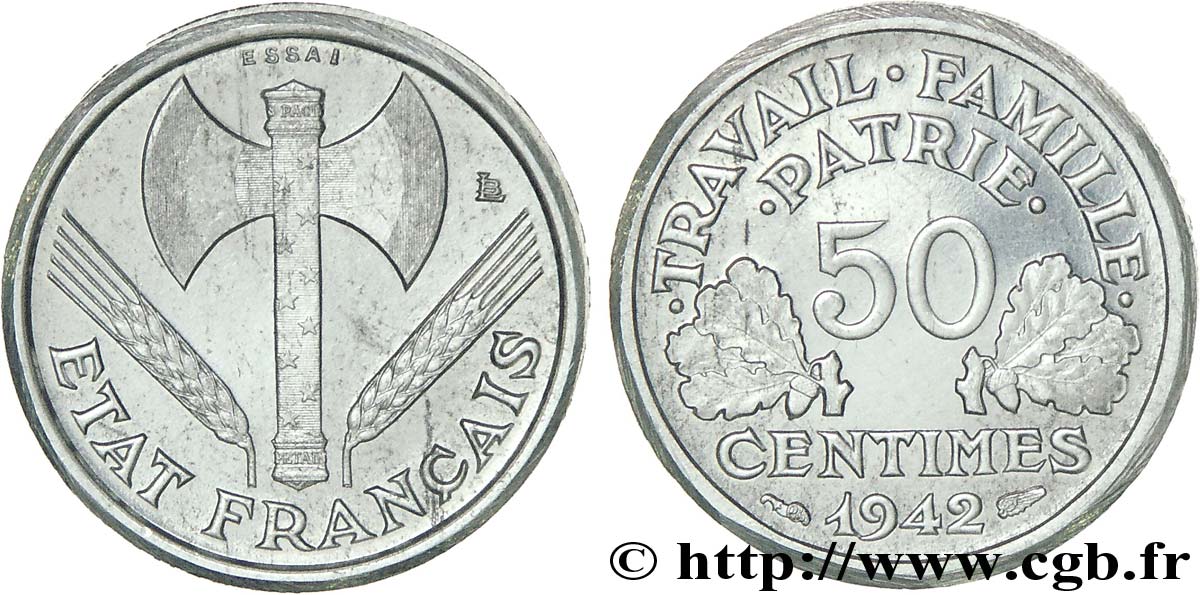 Essai - piéfort aluminium de 50 centimes Francisque 1942 Paris F.195/1P MS 