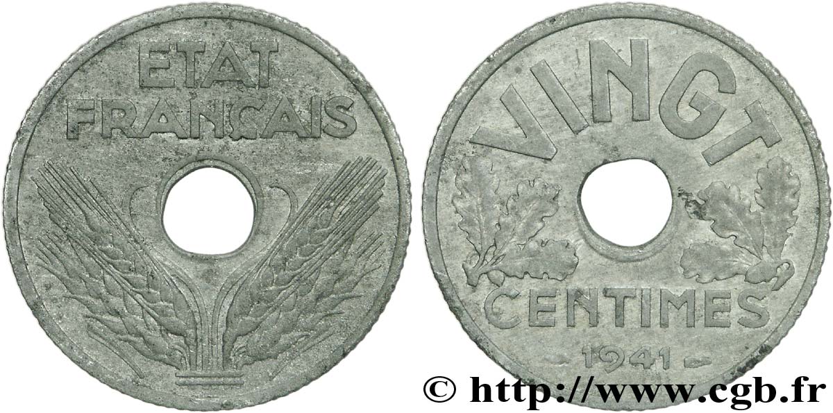 Vingt centimes, tranche à cannelures larges 1941 Paris F.152/3 VZ 