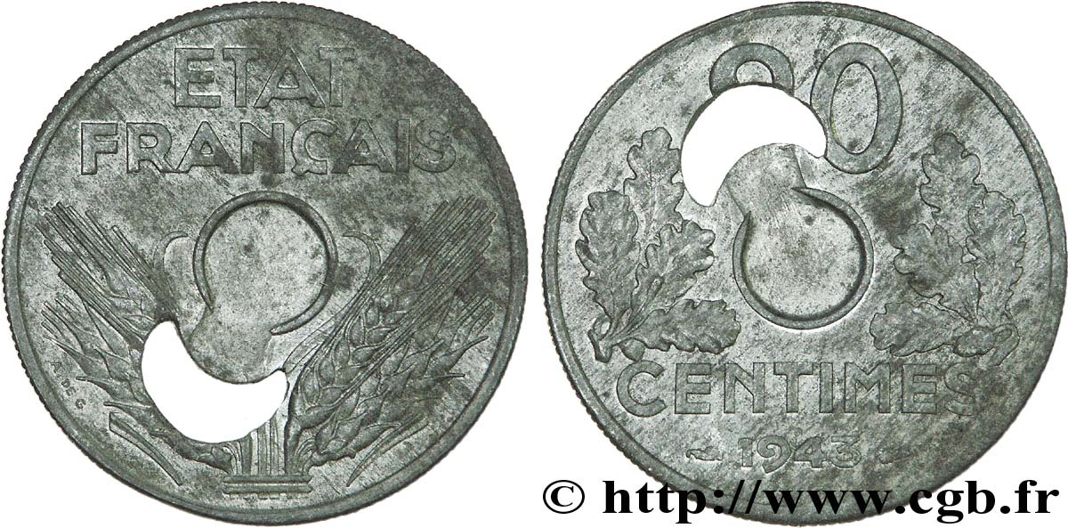 Artefact de 20 centimes lourde 1943 Paris F.153/5 var. XF 
