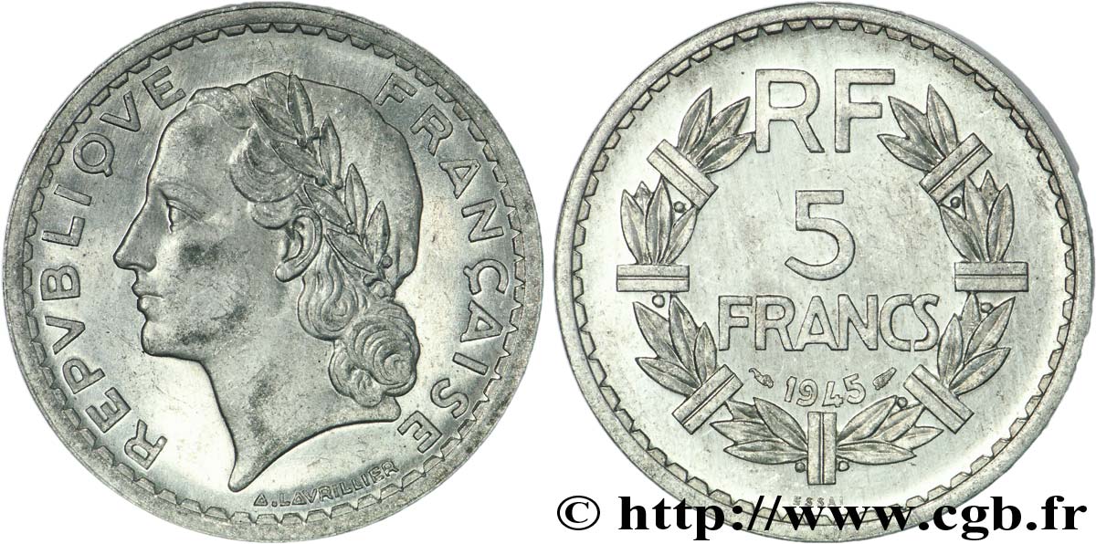 Essai de 5 francs Lavrillier, en aluminium 1945 Paris F.339/1 VZ 