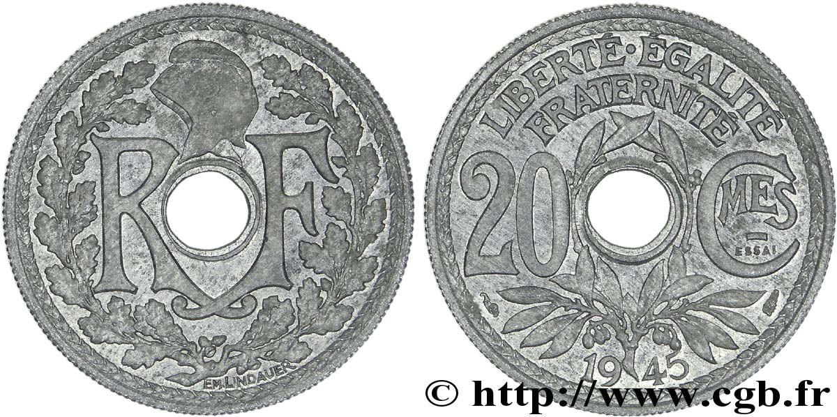 Essai de 20 centimes Lindauer en zinc 1945 Paris F.155/1 SUP 