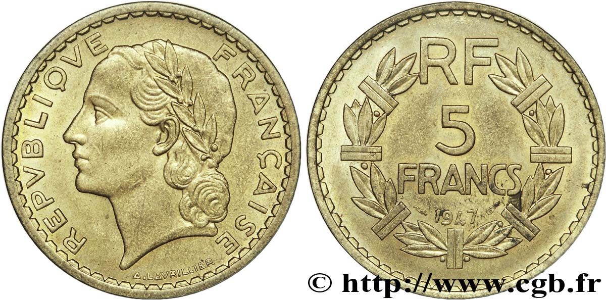 5 francs Lavrillier en bronze-aluminium 1947 Paris F.337/9 VZ 
