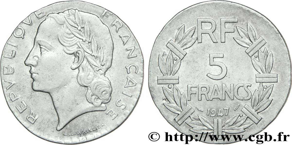 5 francs Lavrillier en aluminium, fauté de frappe 1947 Paris F.339/9 var. EBC 