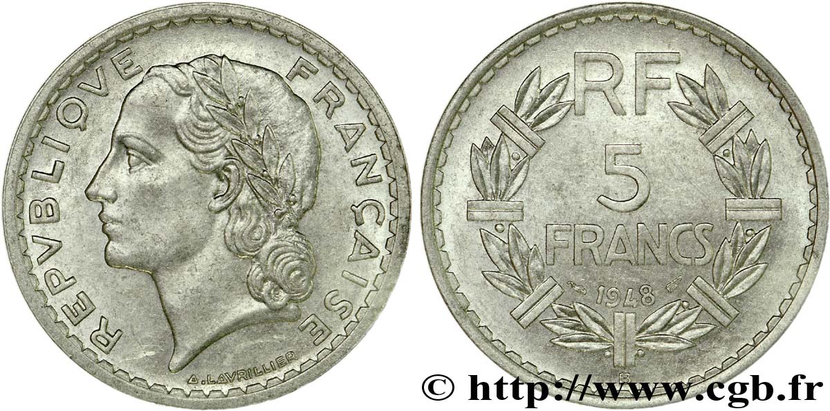 5 francs Lavrillier en aluminium 1948 Beaumont-le-Roger F.339/15 EBC 