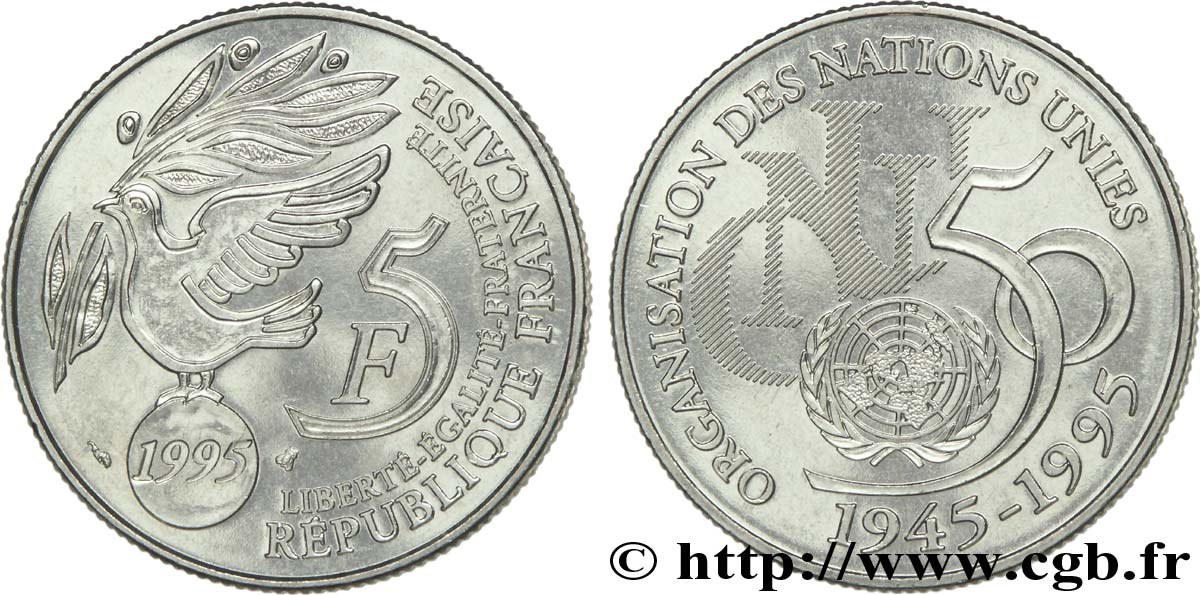 5 francs cinquantenaire de l’ONU 1995 Pessac F.345/1 AU 