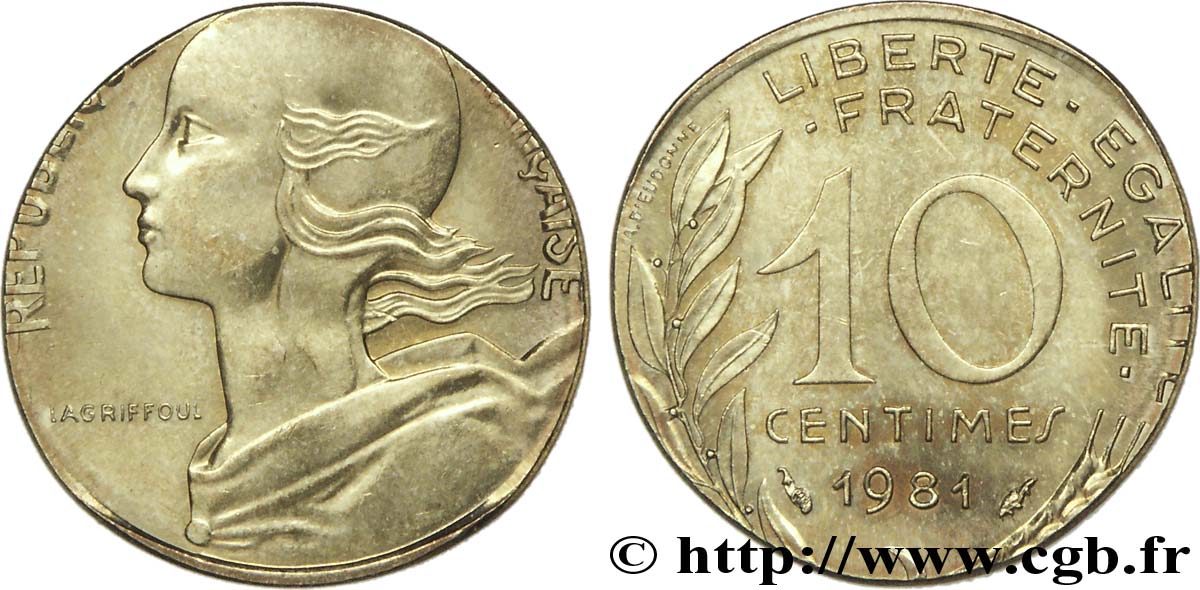 10 centimes Marianne, frappe fautée sur flan de 5 centimes Marianne 1981 Pessac F.144/21 var. EBC 