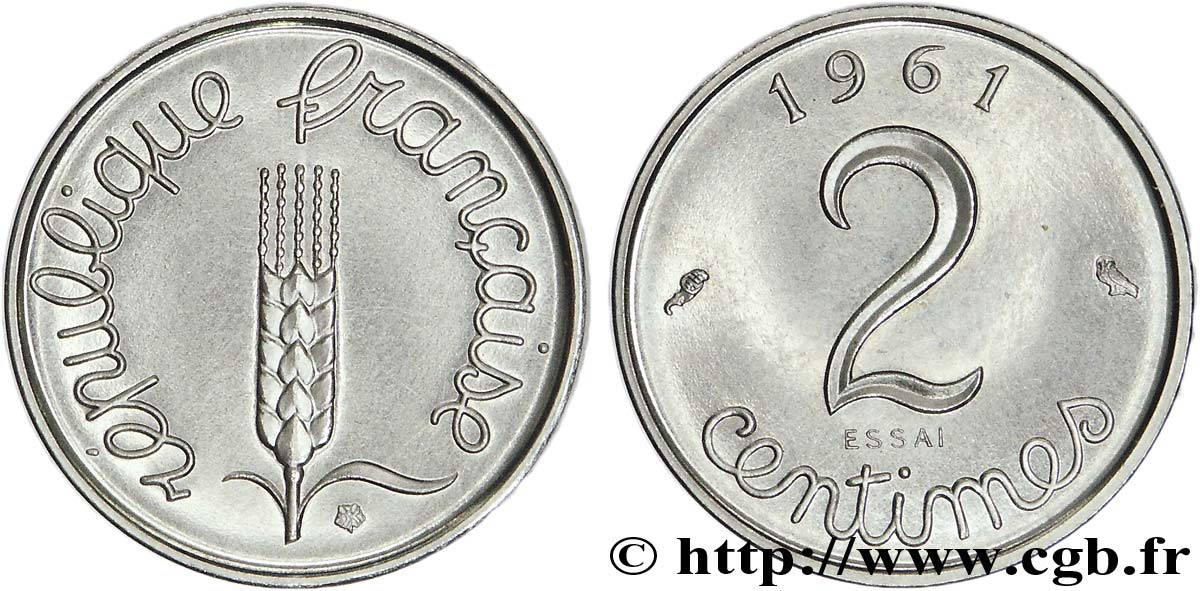 Essai de 2 centimes acier, type Épi 1961 Paris F.111/2 MS 