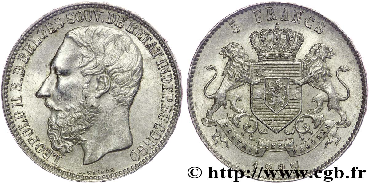 BELGIUM - CONGO FREE STATE 5 francs Léopold II 1887  AU 