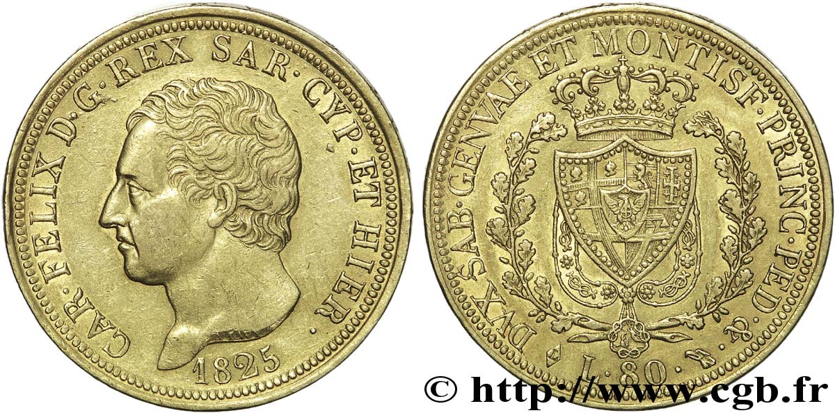 ITALIA - REINO DE CERDEÑA  - CARLO FÉLIX 80 lires or 1825 Turin MBC 