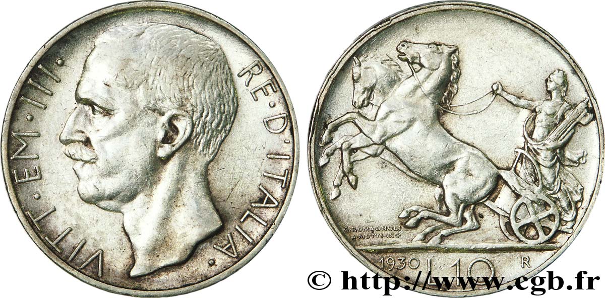 ITALIE - VICTOR EMMANUEL III 10 lires char antique 1930 Rome MBC 