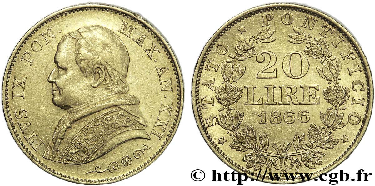 ITALIA - STATO PONTIFICIO - PIE IX (Giovanni Maria Mastai Ferretti) 20 lires, grand buste 1866 Rome XF 
