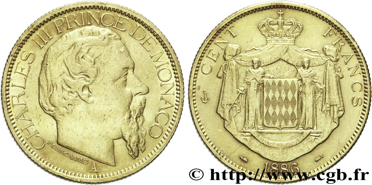 MONACO - PRINCIPALITY OF MONACO - CHARLES III 100 francs or 1886 Paris XF 