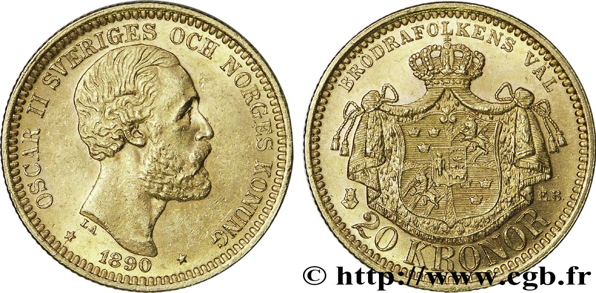 SUÈDE - ROYAUME DE SUÈDE - OSCAR II 20 kronor, 3e type 1890 Stockholm EBC 