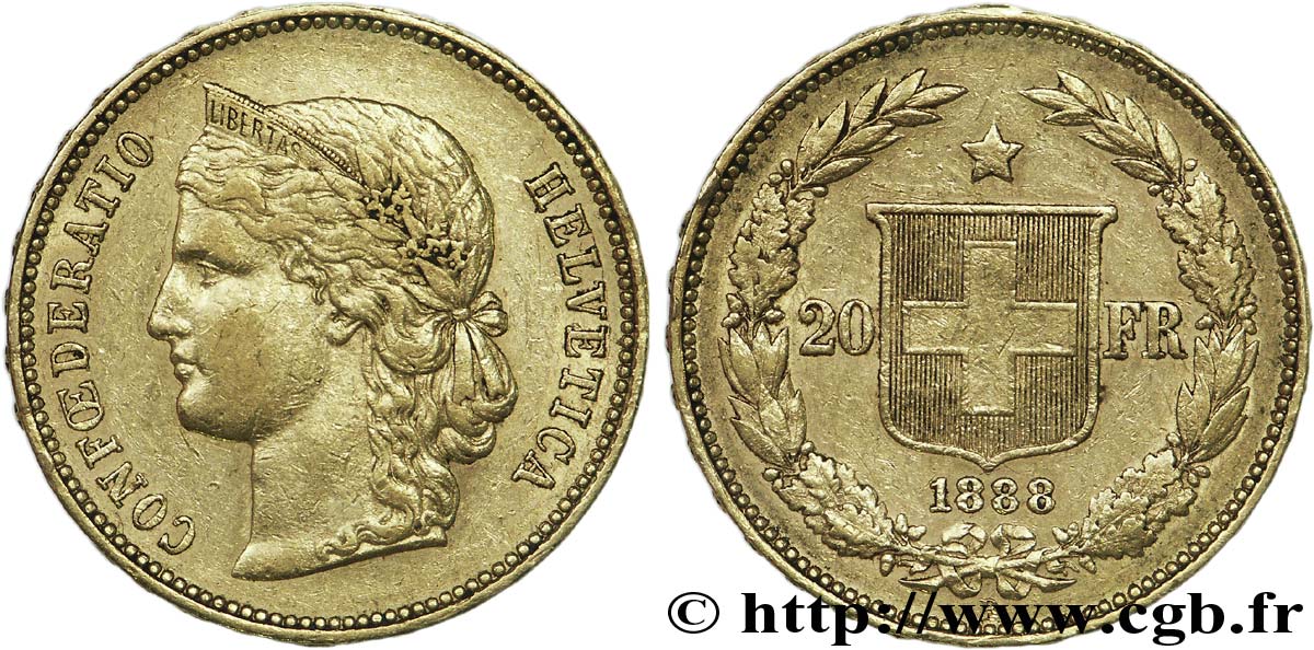 SWITZERLAND - HELVETIC CONFEDERATION 20 francs or 1888 Berne XF 