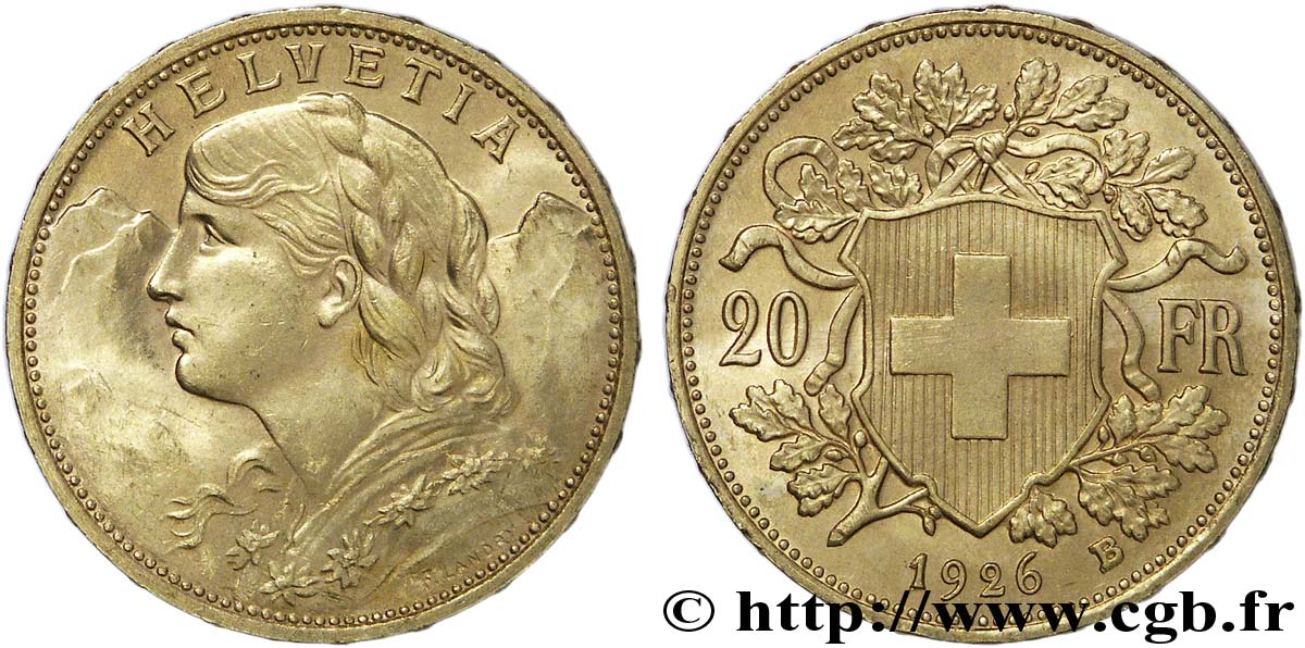 SWITZERLAND - HELVETIC CONFEDERATION 20 francs or  Vreneli  1926 Berne fST 