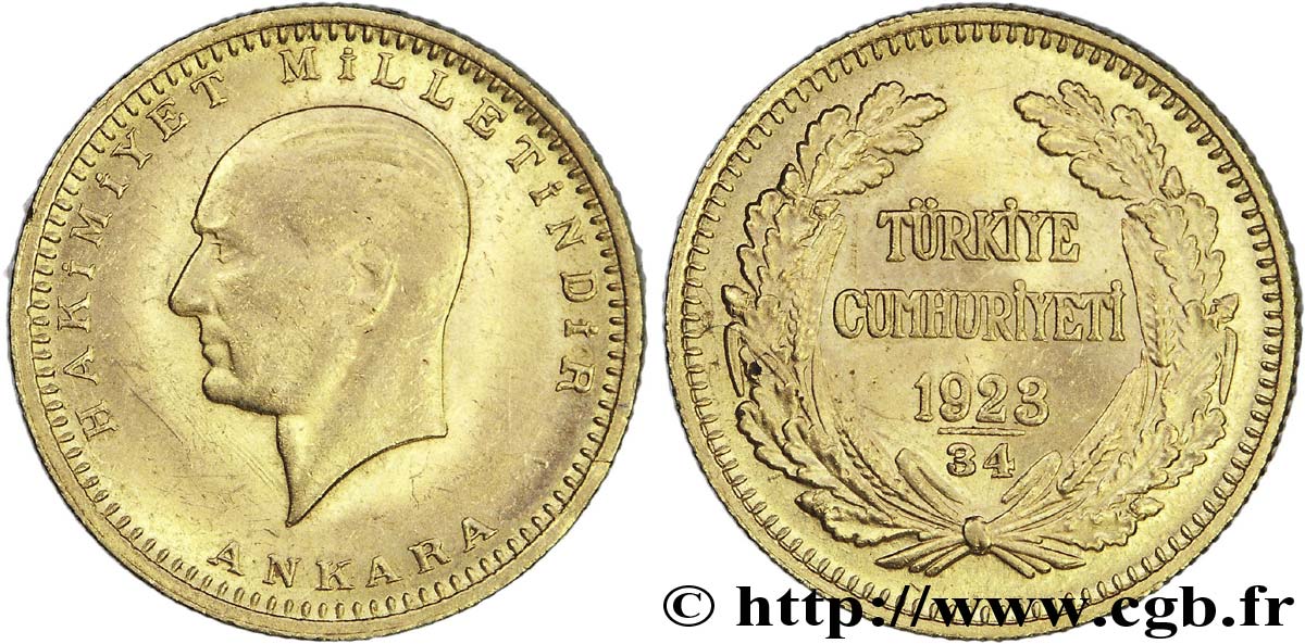TURQUIE - RÉPUBLIQUE 100 piastres or 1956 Ankara EBC 