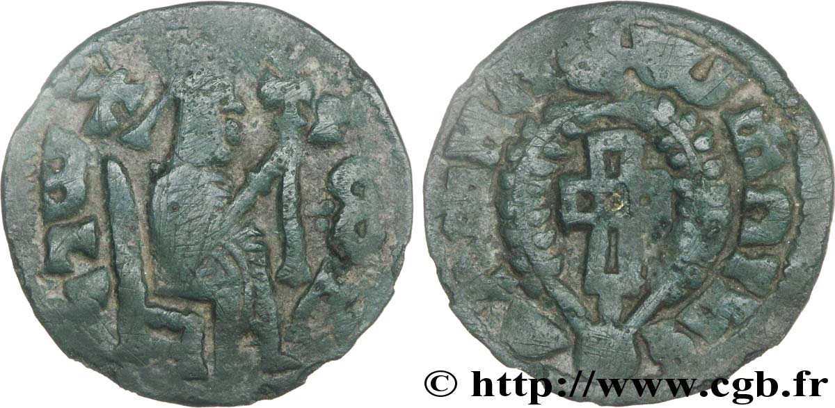 AXOUM - ROYAUME AXOUMITE - ARMAH Monnaie de bronze au roi trônant et à la croix TTB