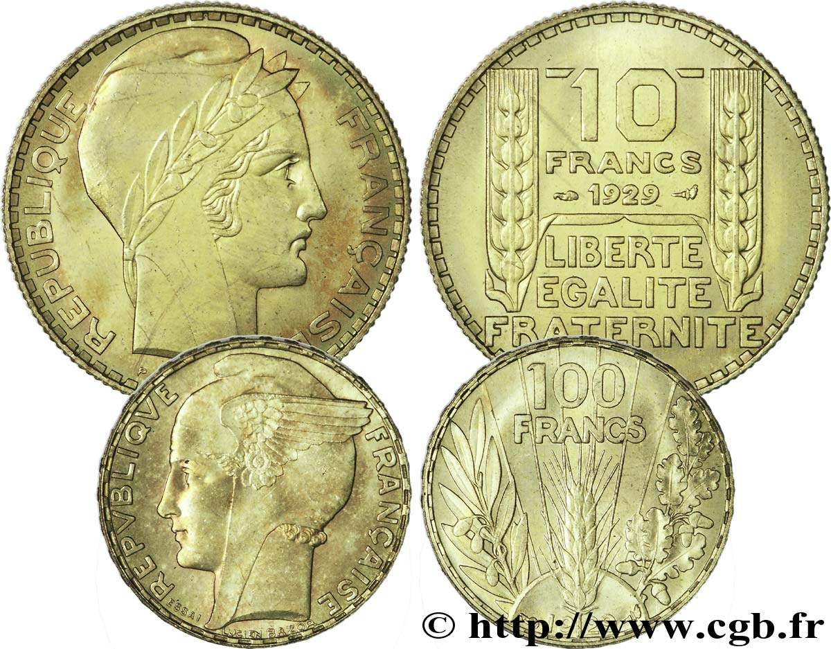 Concours monétaire de 1929, boîte de 2 essais, 100 francs Bazor et 10 francs Turin en bronze-aluminium 1929 Paris F.360/1 var. SPL 