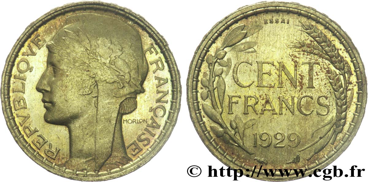 Concours de 100 francs, essai de Morlon en bronze-aluminium 1929 Paris VG.cf. 5222  SPL 
