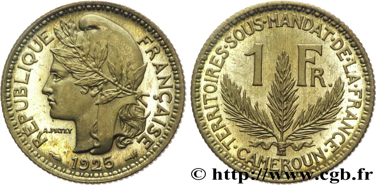 CAMERUN - Mandato Francese 1 franc, pré-série de Morlon poids lourd, 5 grammes 1925 Paris MS 