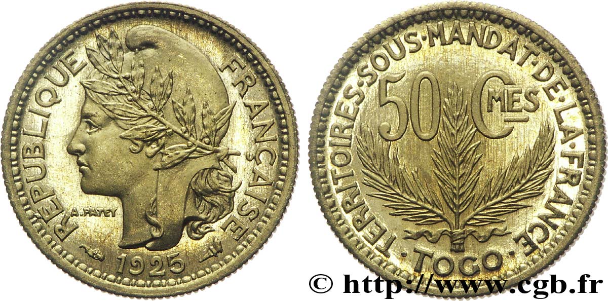 TOGO - FRENCH MANDATE TERRITORIES 50 centimes, pré-série de Morlon poids lourd, 2,5 grammes 1925 Paris MS 