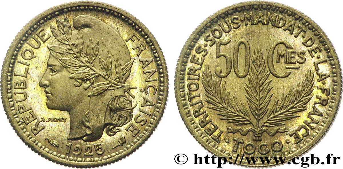 TOGO - MANDATO FRANCESE 50 centimes, pré-série de Morlon poids lourd, 2,5 grammes 1925 Paris MS 