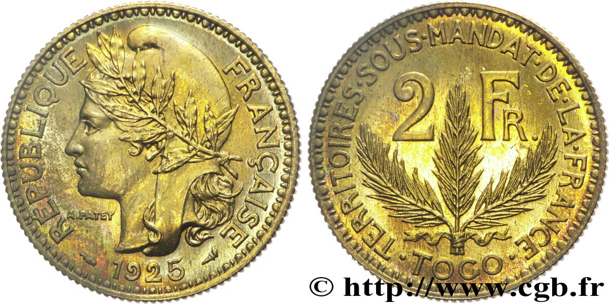 TOGO - MANDATO FRANCESE 2 francs, poids léger - Essai de frappe de 2 Francs Morlon - 8 grammes 1925 Paris MS 