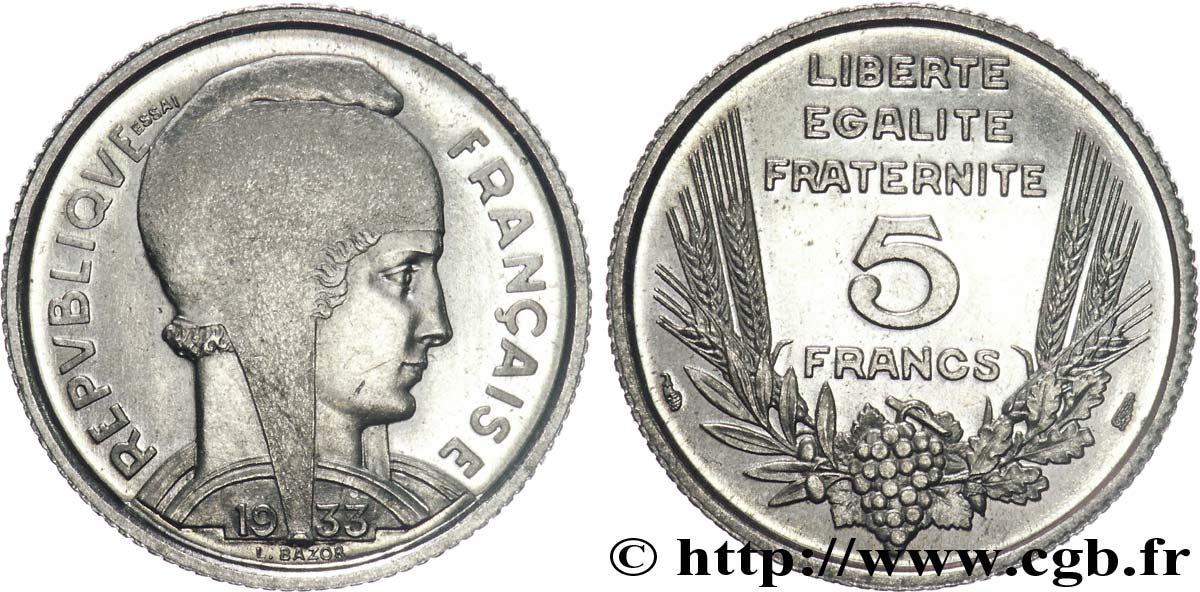 Essai de 5 francs Bazor en nickel 1933 Paris F.335/1 SPL 