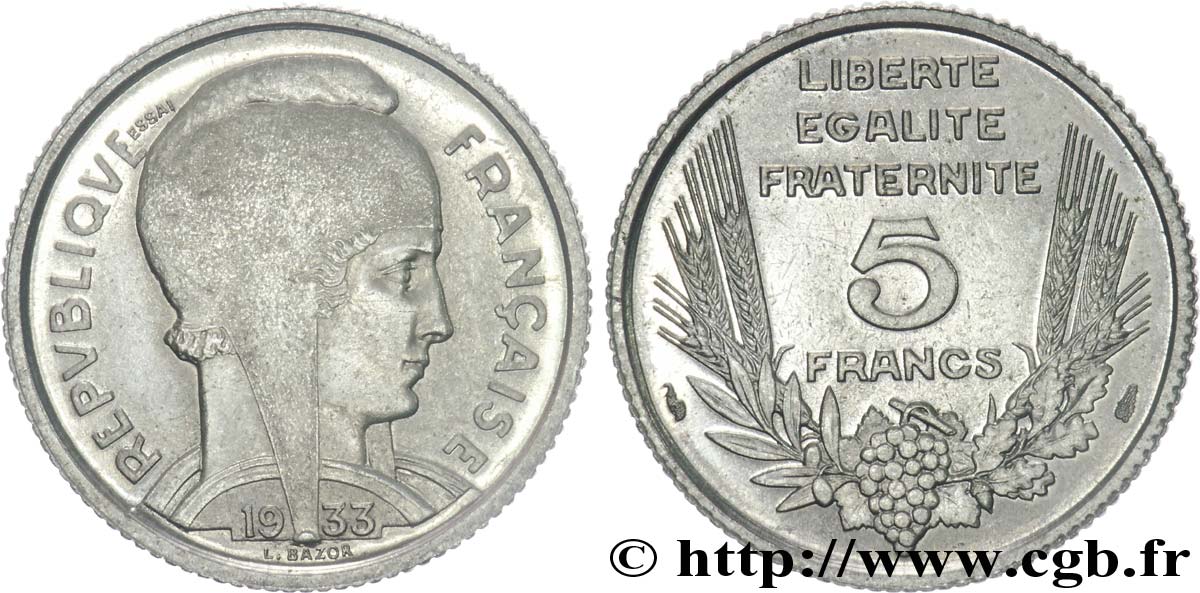 Essai de 5 francs Bazor en nickel 1933 Paris F.335/1 AU 
