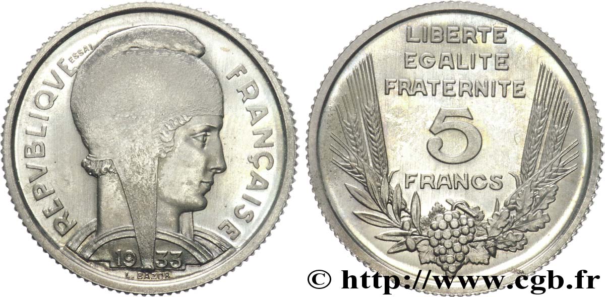 Concours de 5 francs, essai de Bazor en cupro-nickel non magnétique, poids léger 1933 Paris F.335/1 var. MS 