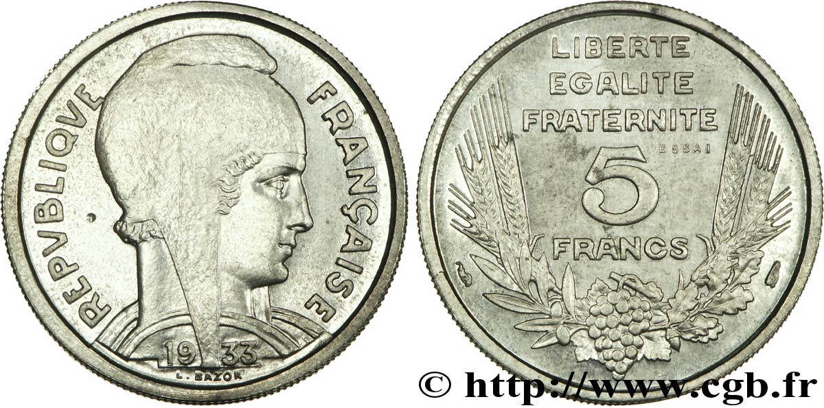 Essai de 5 francs Bazor, tranche rainurée, poids lourd 1933 Paris  EBC 
