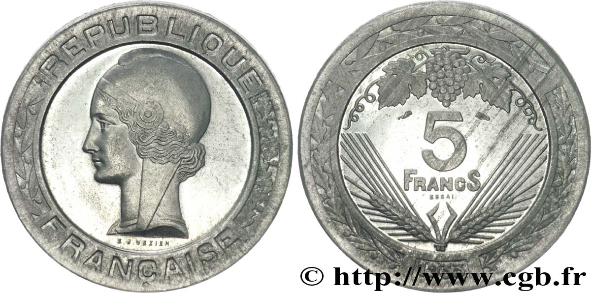 Concours de 5 francs, essai de Vézien en aluminium, très lourd, flan épais, 5 g 1933 Paris VG.5362 B SUP 