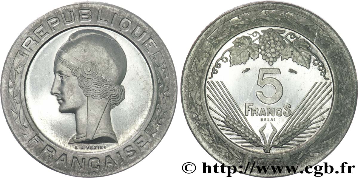 Concours de 5 francs, essai de Vézien en aluminium, lourd, 4,5 g 1933 Paris VG.5362 B MS 