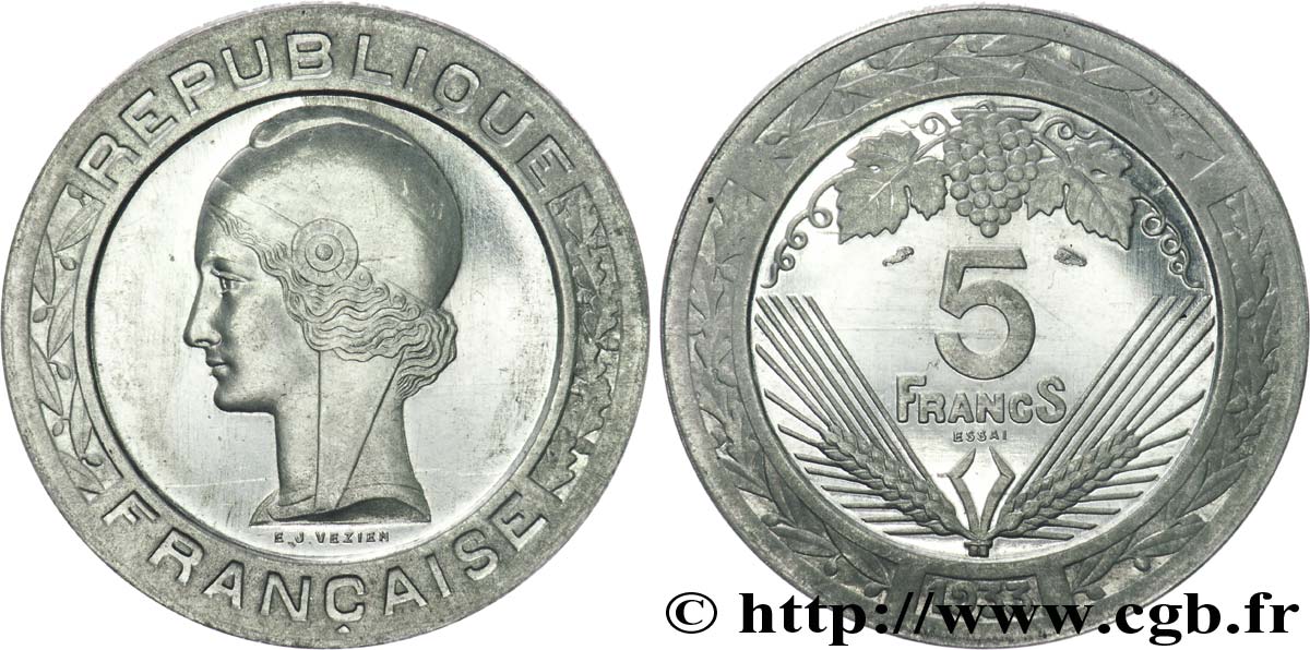 Concours de 5 francs, essai de Vézien en aluminium, poids intermédiaire, 4 g 1933 Paris VG.5362 B SPL 
