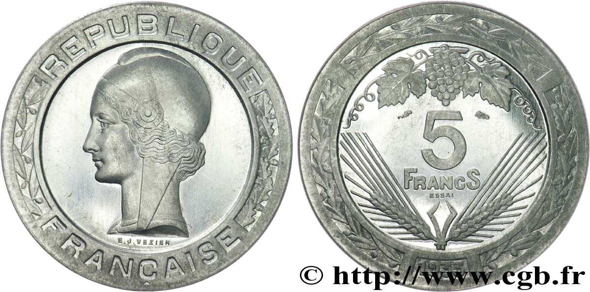 Concours de 5 francs, essai de Vézien en aluminium, léger, 3,5 g 1933 Paris VG.5362 B MS 