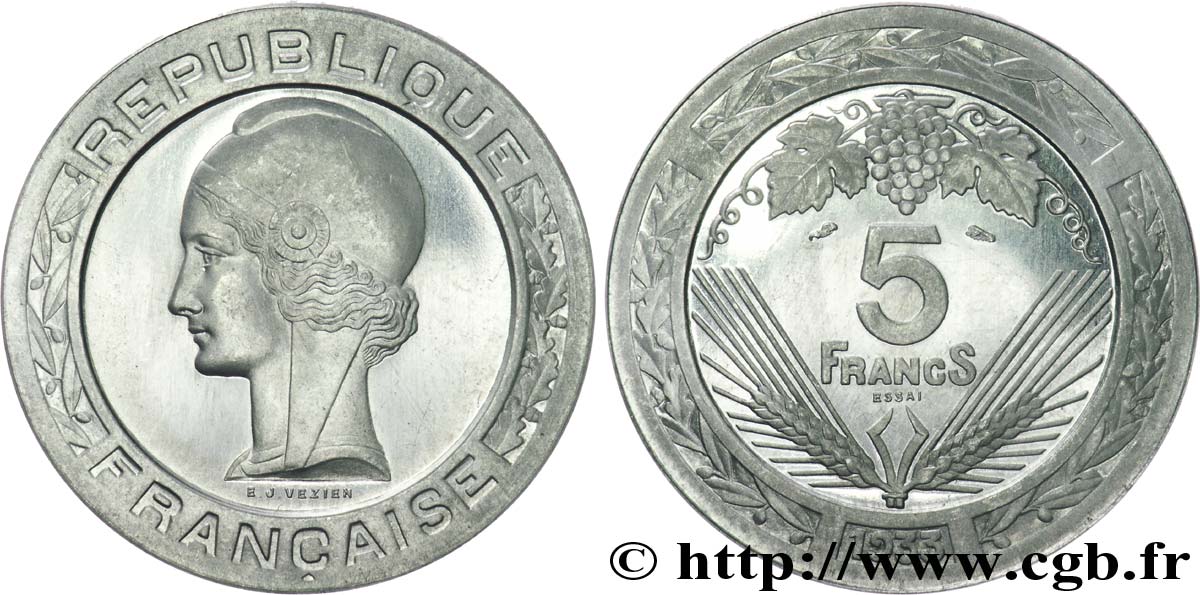Concours de 5 francs, essai de Vézien en aluminium, léger, 3,5 g 1933 Paris VG.5362 B MS 