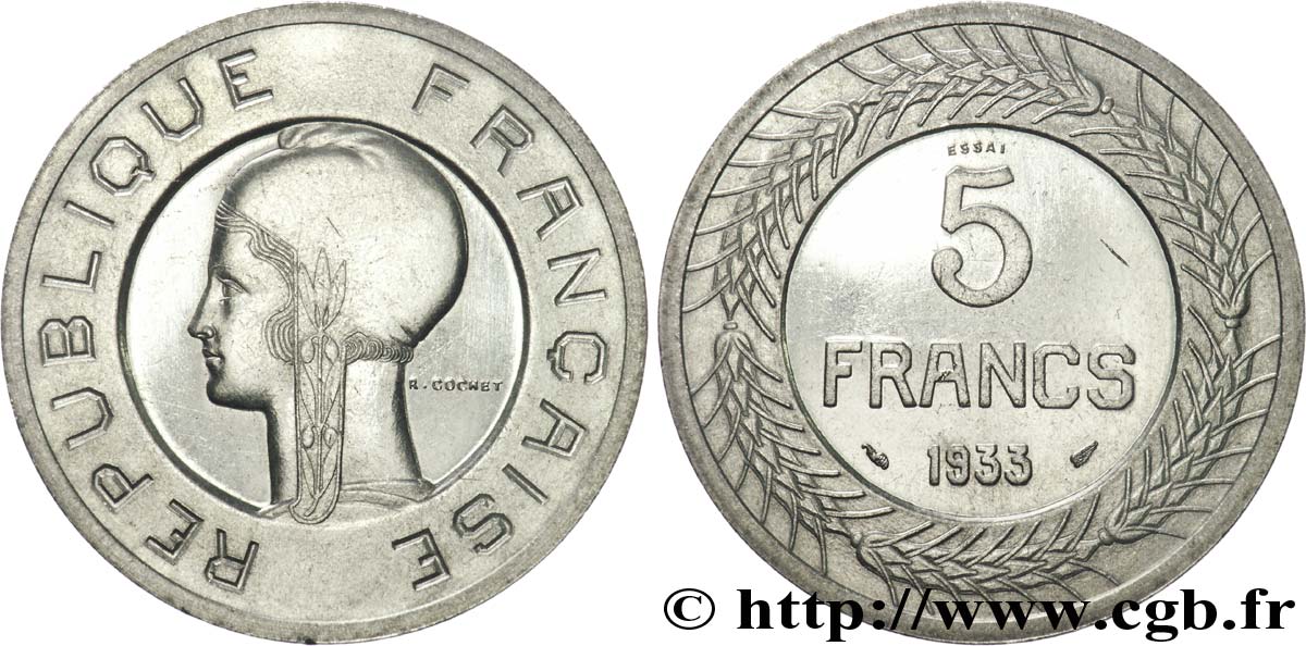 Concours de 5 francs, essai de Cochet en nickel 1933 Paris VG.5354  SPL 