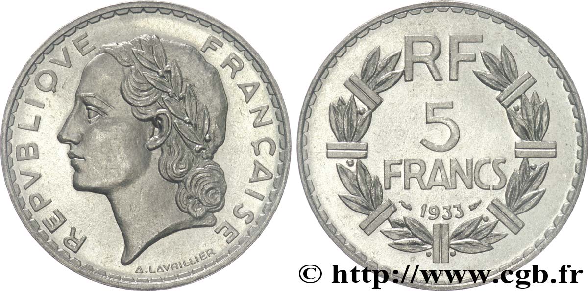 Essai de 5 francs Lavrillier, en nickel 1933 Paris F.336/1 SPL 