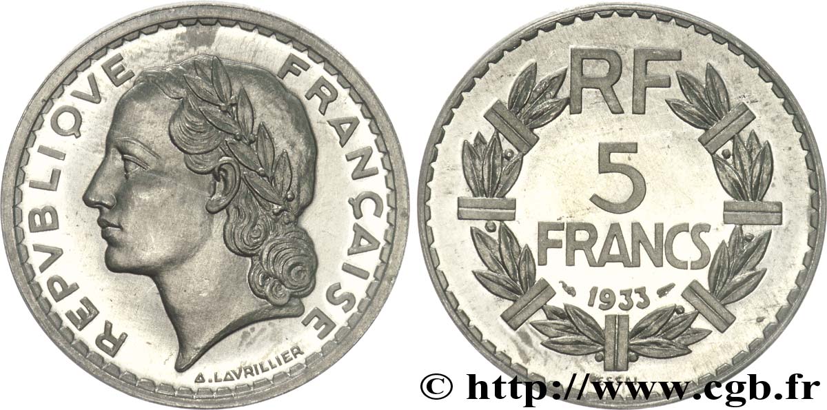 Essai de 5 francs Lavrillier, en aluminium, lourd 1933 Paris G.-  FDC 