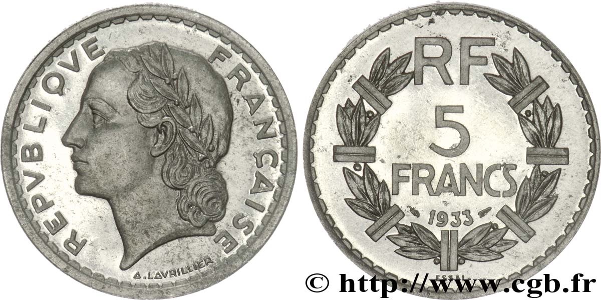 Essai de 5 francs Lavrillier, en aluminium, très lourd 1933 Paris G.-  FDC 
