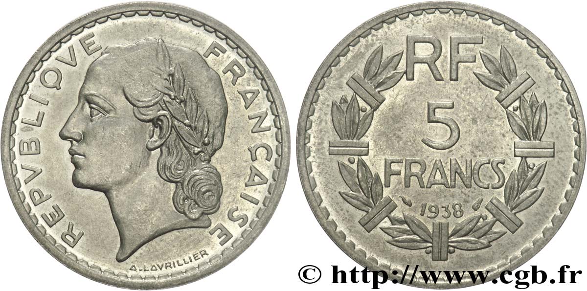 5 Francs Lavrillier nickel, frappe courante 1938 Paris F.336/7 AU 