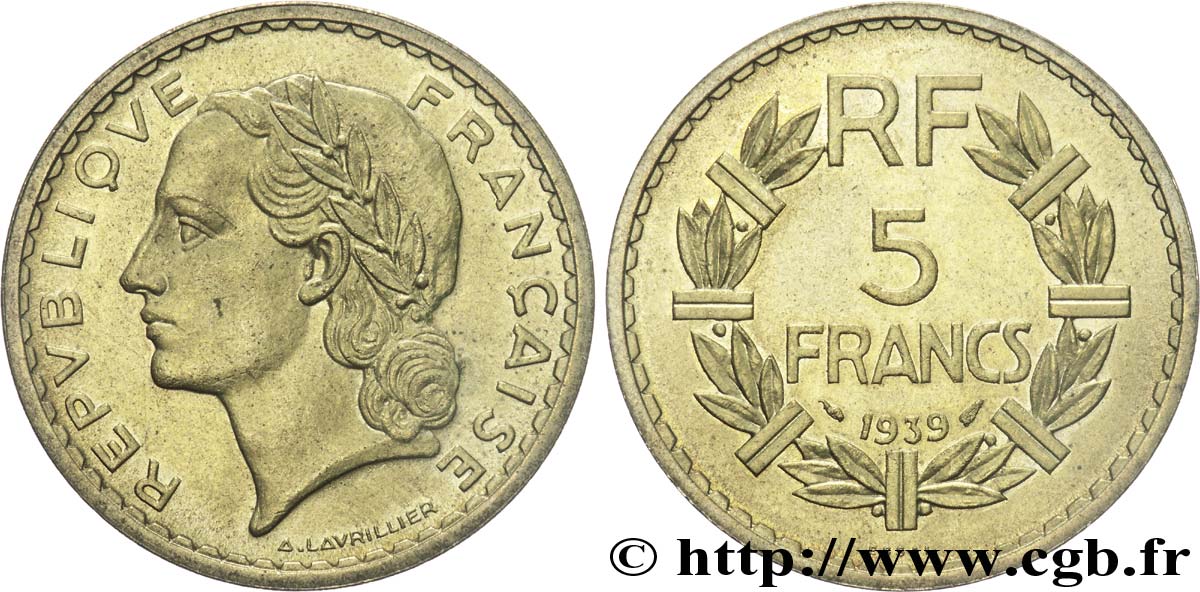 Essai de 5 francs Lavrillier en bronze-aluminium 1939 Paris F.337/2 SC 